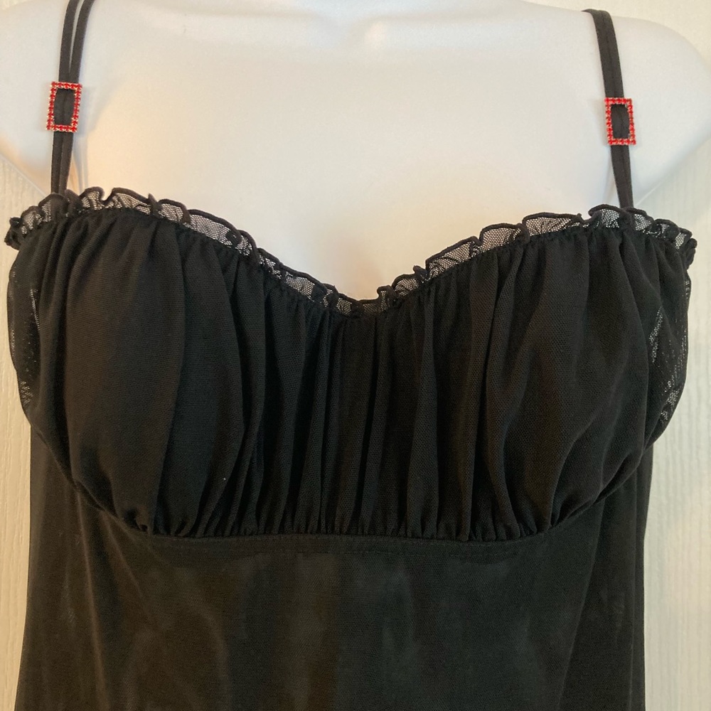 Chemise XL Black Mesh by Cabernet Red Rhinestones on straps! New quality mesh!